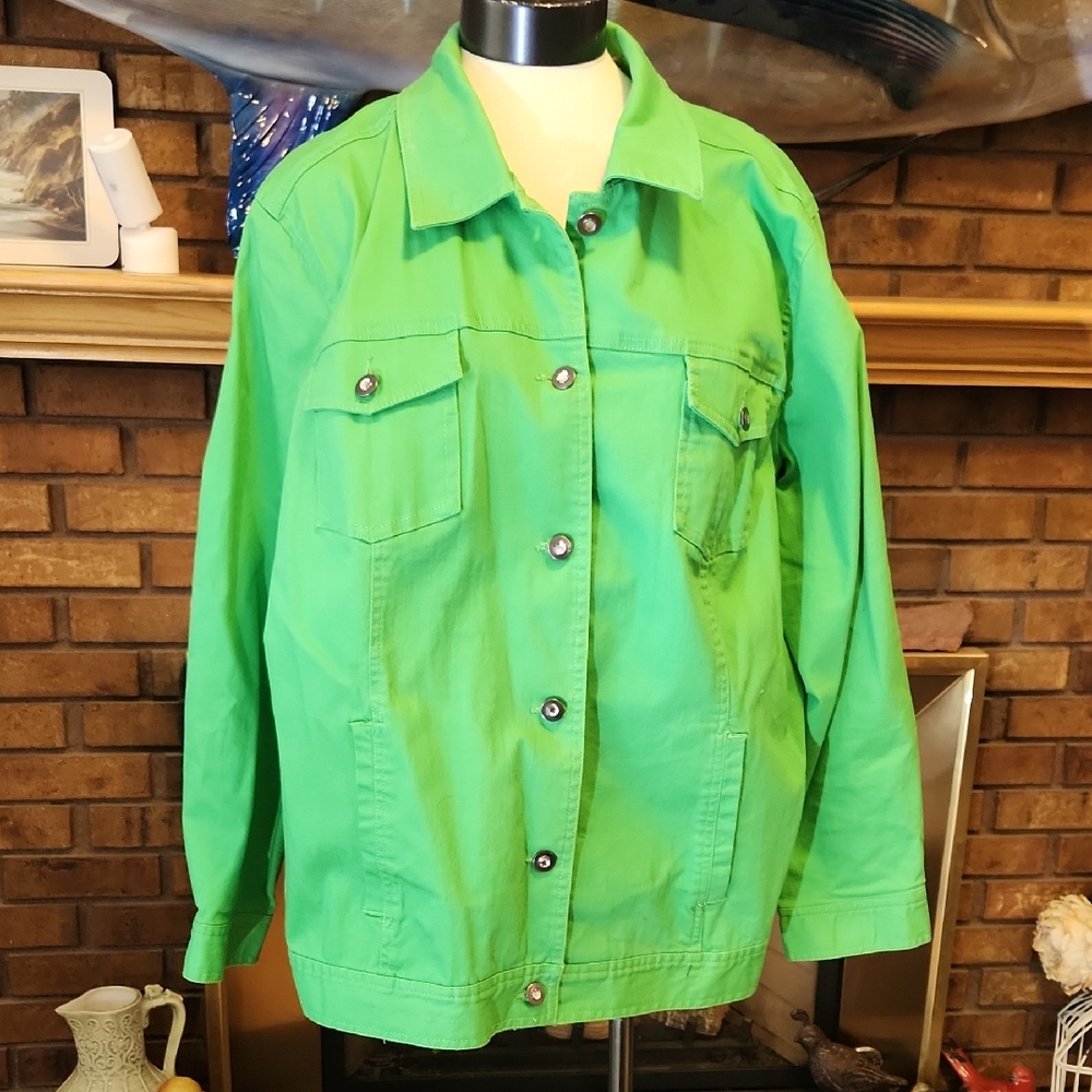 Denim & Company Green Utility Jacket Size 2X Trucker Clear Crystal Buttons
